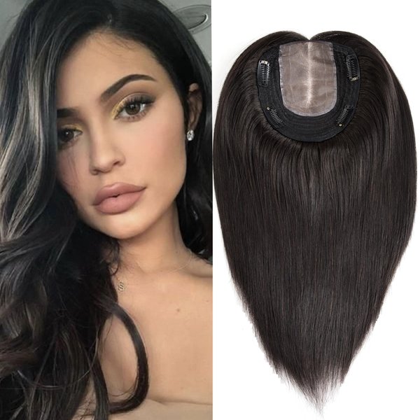 Lovenea 13x15cm Human Hair Toppers for Women 10 inch 7x10 cm Handtied Mono Base Straight Human Hair Clip in Topper Hairpieces for Hair Loss Thinning Hair Natural Black Color(1B#, 10 Inch)