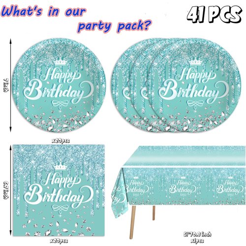 41pcs Teal and Silver Party Supplies ,include 20 Plates, 20 Napkin and 1pcs Tablecloth,Used for Blue Glitter Birthday Party Decoration (blue-green)