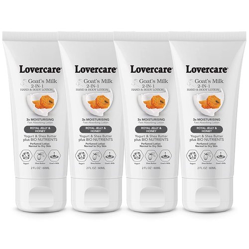 Lovercare 4-PACK Goat Milk 2-IN-1 Hand & Body Lotion for Dry Skin 2 oz (60 ml) Royal Jelly-Pack of 4