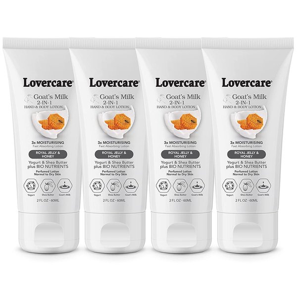 Lovercare 4-PACK Goat Milk 2-IN-1 Hand & Body Lotion for Dry Skin 2 oz (60 ml) Royal Jelly-Pack of 4