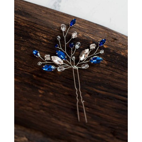 Kercisbeauty (Set of 2) Handmade Bridal Bridesmaids Flower Girl Pink Champagne Rose Gold Pearl Beads Hair Pins Headpiece for Wedding and Party (Silver) (Blue)