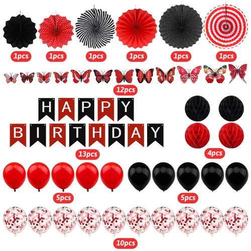 ZERODECO Black Red Birthday Decorations, Butterfly Birthday Party Decorations Happy Birthday Banner Paper Honeycomb Fans Pompoms Balloon for Girls Women Adults Birthday Party Decorations Supplies
