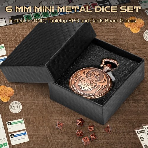 DND Mini Dice Set, Small Metal Polyhedral Dice for Dungeons and Dragons/D&D Gifts, Tiny Mini Role Playing Dice Set with Pocket Watch Case, Great RPG Accessories for Men Women Gamers (Red Bronze-6mm)