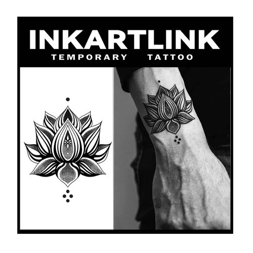INKARTLINK Temporary Tattoos, 2 Sheets Medium Semi Permanent Tattoo Adult Art Design Waterproof Temp Tattoo Stickers Realistic Look, No Adhesive, Lasts 1-2 Weeks Black (Lotus Mandala)