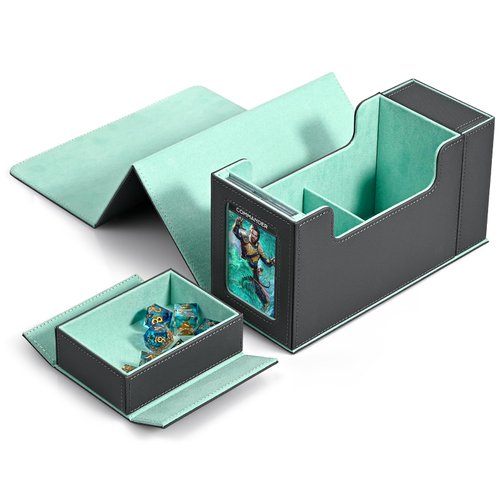 ZLCA MTG Commander Deck Box with Display Window,Card Deck Box with Dice Tray & 35pt Card Brick,Fits 200 Double-Sleeved Cards-Grey&Green