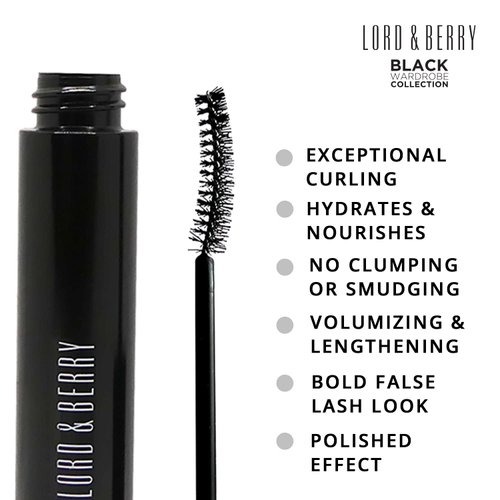 Lord & Berry Prodigious Waterproof Lash Mascara Black for Volume and Length, False Long Curl Eye Makeup Enriched with Olive Oil & Diamond Powder, Vegan, Paraben Free, Cruelty Free, 1 oz, Black