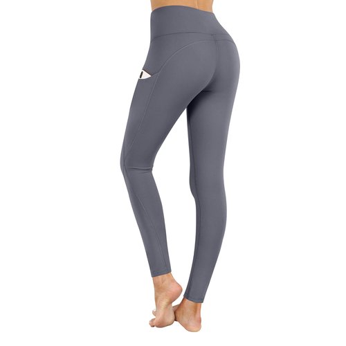 PHISOCKAT High Waist Yoga Pants with Pockets, Tummy Control Yoga Pants for Women, Workout 4 Way Stretch Yoga Leggings (Gray, Small)