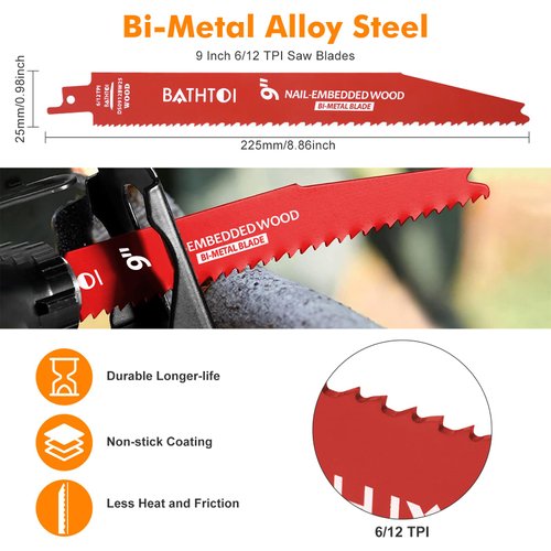 25 Pack 9 Inch 6/12 Tpi Reciprocating Saw Blades for Wood and Nail-Embedded Wood Cutting, Bi-Metal Sawzall Blades with Non-Stick Coated for Less Heat and Friction