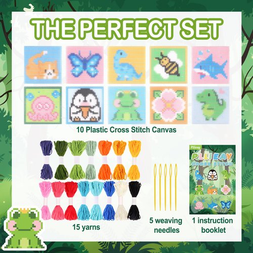 Pllieay 10-in-1 Cross Stitch Beginner Kit for Kids, Embroidery Kit Includes 10pcs Plastic Mesh Canvas with Pattern, 15 Yarns, 5 Weaving Needles, Needle Points Starter Kit Sewing Set with Instructions