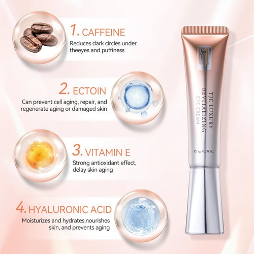TJE Under Eye Cream Caffeine, Dark Circles Under Eye Treatment with Ectoine, Anti Aging Eye Serum with Cooling Massage Roller for Under Eye Bags And Puffy Eyes, 0.5 fl. oz (1pcs)