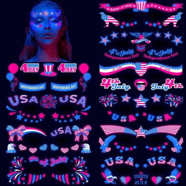 HOWAF 4th of July Glow UV Neon Temporary Tattoos 10 Sheets Independence Day Face Tattoo for USA Patriotic Party Supplies, American Flag Tattoos Stickers Face Art Decoration Red White Blue Tattoos