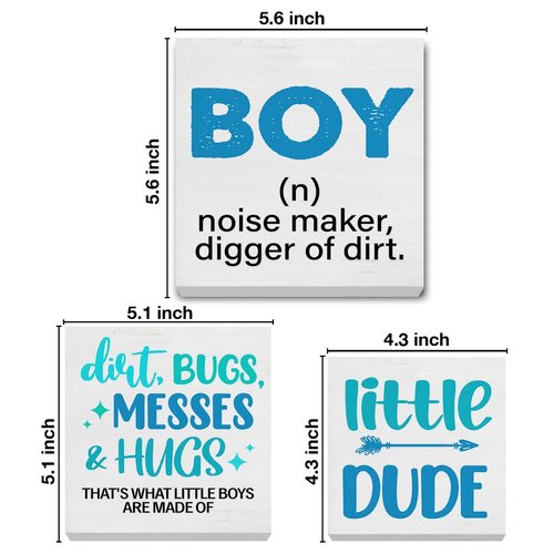 3 Pcs Baby Boy Wood Signs Decor Nursery Baby Boys Wood Block Signs Baby Shower Wooden Box Signs Decorations for Home Tiered Tray Desk Table Shelf