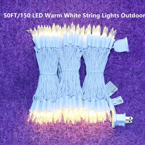 LUCKY SHINE 150 Warm White LED Christmas Lights, Commercial Grade LED String Lights White Wire 50 Ft, for Indoor and Outdoor Use.