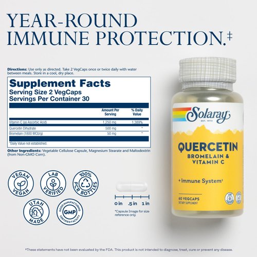 SOLARAY Quercetin with Bromelain and Vitamin C - Immune Support Supplement - Antioxidant and Heart Health Complex with Quercetin 500mg and 1235mg VIT C - Vegan, 60-Day Guarantee, 30 Serv, 60 VegCaps