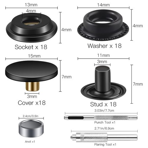 72 Pieces (18Sets) Snap Fastener Kit Tool 15MM Snap Button kit Snaps for Leather Leather Snaps and Fasteners Kit for High-Grade Metal Material Snaps for Bag, Jeans, Clothes, Fabric (Black)