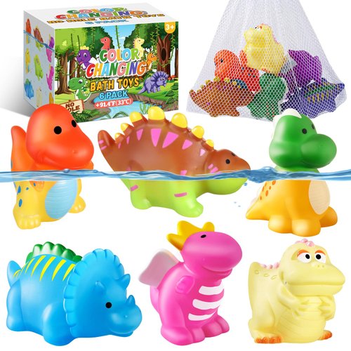 Color Changing No Hole Bath Toys for Kids Toddlers, Color Change Dinosaur Animal Toys with Drying Bag (6 Pack), Baby Bath Toys Water Toys Floating Fish Toys, Dinosaur Toys for Bathtub Pool Christmas
