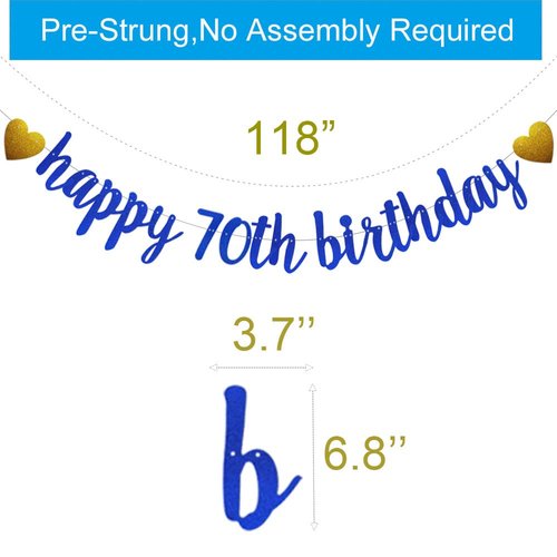 SUNbetterland Blue glitter Happy 70th Birthday Banner, Pre-Strung,Man's 70th Birthday Party Decorations Supplies, Happy 70th Birthday