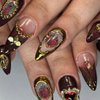 BABALAL Almond Press on Nails Medium Fake Nails Brown Fall Glue on Nails Golden Chrome Baroque Art Acrylic Nails 3d Heart Charm Metallic Ball Design Stiletto Manicure Stick on False Nails