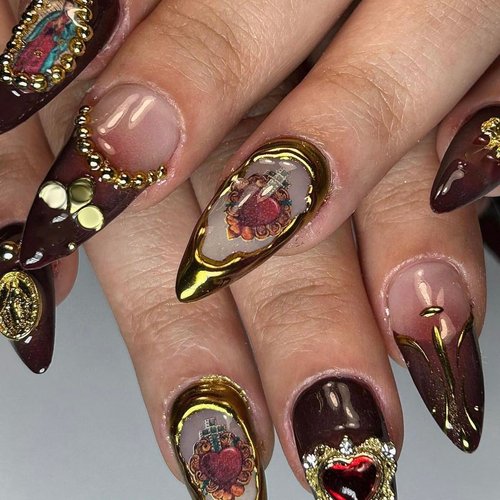 BABALAL Almond Press on Nails Medium Fake Nails Brown Fall Glue on Nails Golden Chrome Baroque Art Acrylic Nails 3d Heart Charm Metallic Ball Design Stiletto Manicure Stick on False Nails