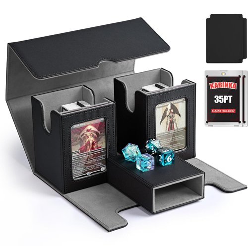 Kabinka Card Deck Box with 2 Commander Display Windows, Removable Trading Card Storage Box with Dice Tray Holds 440+ Unsleeved Cards, Magnetic Card Case for TCG CCG EDH(Black)