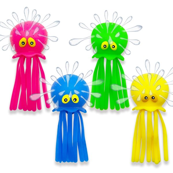 Set of 4 Octopus Baby Bath Toys Rubber Kids Squishy Sensory Stress Relief Pool Floating Toys for Kids, Cute Goodie Bag Fillers for Boys and Girls, Pink, Blue, Green and Yellow