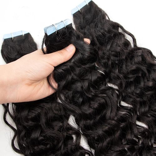 Curly Tape in Hair Extensions Human Hair Double Sided 14 Inch 20pcs 50g Brazilian Remy Hair Water Wave Tape in Hair Extensions Invisible Tape in Real Hair Skin Weft Hair Extensions for Balck Women