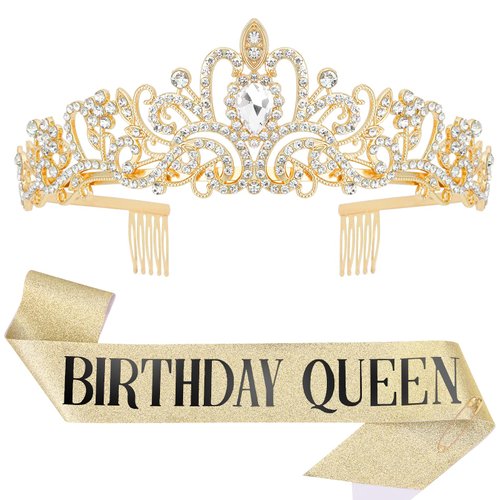 Araluky Gold Sash Rhinestone Tiara Set for women ,HAPPY Birthday Queen Sash Quinceanera Party Supplies Birthday Gifts for Girl Women with Fun Party with Gold Tiara Lettering