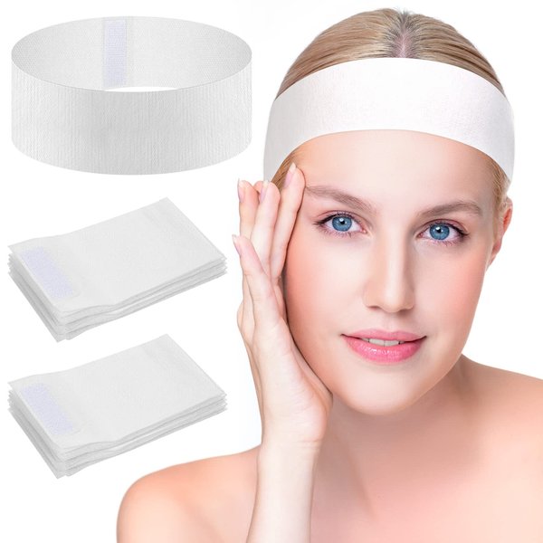 Sublaga 80 Pack Disposable Stretch Headbands for Facials, White (Hairband, Women's Hair, 100% Elastic Non-Woven Fabric, 80 Pieces)