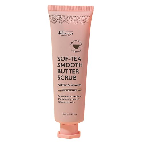 Delhicious Black Tea Body Scrub Exfoliator for Very Dry Skin - Super Soft-Tea - Hydrating Moisturizer & Exfoliating Scrub with Shea Butter & Sweet Almond Oil - Natural, Vegan, Ayurveda - 140ml