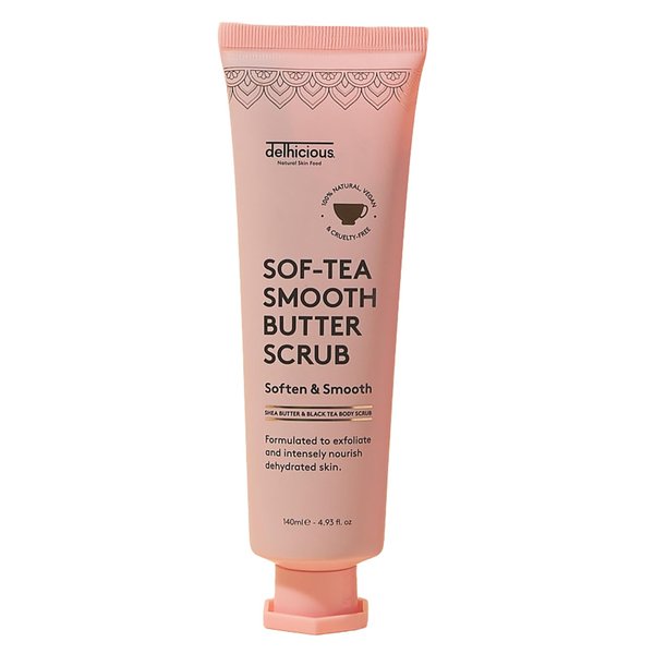 Delhicious Black Tea Body Scrub Exfoliator for Very Dry Skin - Super Soft-Tea - Hydrating Moisturizer & Exfoliating Scrub with Shea Butter & Sweet Almond Oil - Natural, Vegan, Ayurveda - 140ml