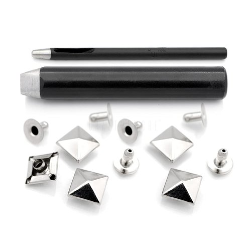 CRAFTMEMORE Pyramid Rivet Setter, Spike Rivet Setting Tool Kit, Hole Punch Cutter, 20 Pyramid Rivets in Silver (10 MM Setter)