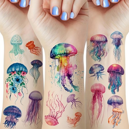 40 Pieces Jellyfish Temporary Tattoos, Watercolor Under The Sea Ocean Fake Tattoo Stickers for Woman Kids Birthday Party Favor Decorations Supplies, Hand Arm Shoulder Body Art