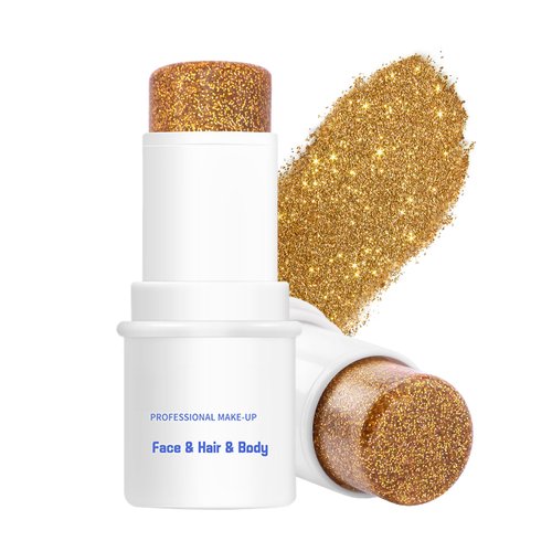 Jutqut Body Glitter Stick, Chunky Glitter Gel for Face Body Hair, Purple Glitter Face Glitter Gel Makeup, Sparkling Holographic Mermaid Sequins Paint, Waterproof Multiuse Glitter Face Paint, 03#Golden