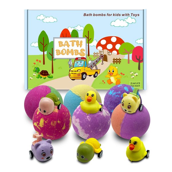 7 Oz Bath Bombs for Kids - with Surprise Toys Inside Pull-Back Car 6 Pack Natural Colorful Bath Bombs for Boys Girls with Animal Car Birthday Chirstmas Gift for Child