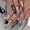 MISUD Press on Nails Long Stiletto Fake Nails Glossy Glue on Nails Goth Black Ombre Acrylic Nails Sharp Almond Artificial Nails Luxury Rhinestone Stick on False Nails with French Tip Design 24 pcs