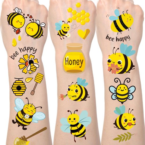 Lovarywow Bee Temporary Tattoos for Kids - 200+ Bee Party Decorations Favors Cute Cartoon Honeybee Fake Tattoo Gifts for Kids Girls Bee Happy Themed Birthday Party Supplies Prizes Rewards