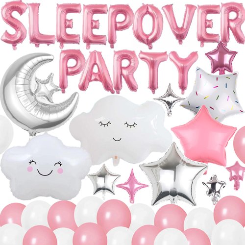 47 Pieces Sleepover Party Decoration Pink Sleepover Birthday Party Balloons Banner Cute Moon Star for Girls Pajamas Slumber Party Night Out Party Decoration (Pink)