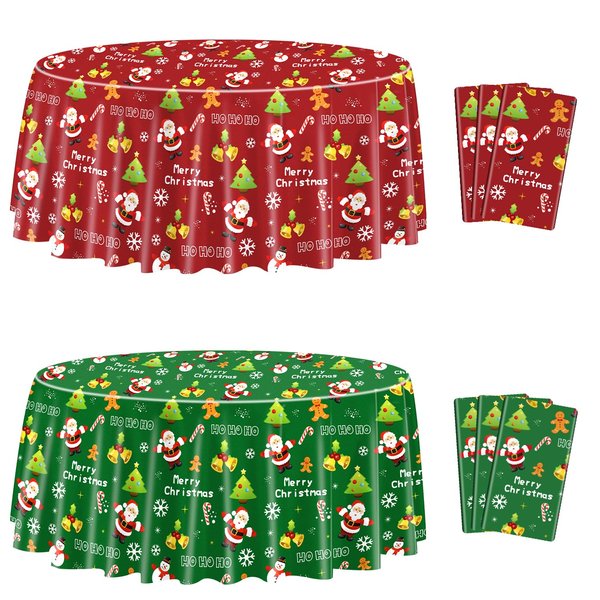 PTECDROTS 6Pcs Christmas Tablecloths Round Christmas Table Decorations Red Green Xmas Theme Table Cover for Winter Holiday New Year Christmas Party Supplies, 84inch
