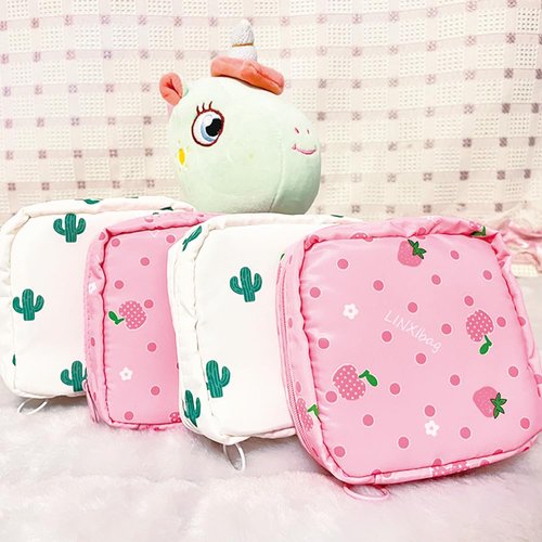 PayPie Sanitary Napkin Storage Bag, Portable Menstrual Pad Bag Tampons Collect Bags, Zipper Nursing Pad Holder Tampon Bag Sanitary Organizer for Women and Girls, 12 * 12 * 4 cm (Pink Strawberry)