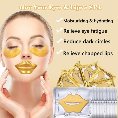 30PCS 24k Gold Eye Mask and Crystal Lip Mask,Gold Eye Patches for Puffy Eyes Dark Circles , Anti-Aging Collagen Gel Lip Sleeping Mask and Under Eye Mask ,Effectively Moisturizes the Eye Lip Area