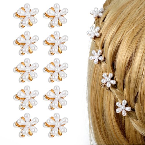 Qianyu 10 Pcs Small Mini Faux Pearl Hair Claw Clips with Daisy Flower Design Sweet Nonslip Artificial Cute Tiny Metal Bangs Clips Decorative Hair Accessories for Women and Girls Gift