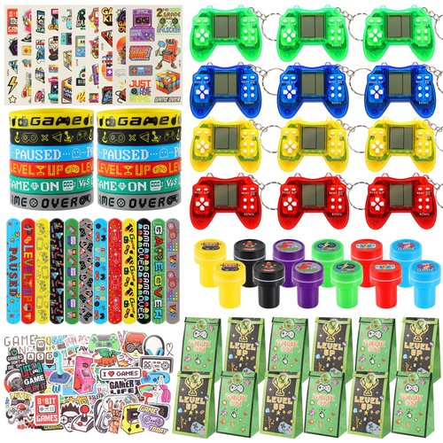 LiYiQ 122 Pcs Video Game Party Favors With Video Game Keychains Slap Bracelets Temporary Tattoos Silicone Wristband Gift Tags Stamps Stickers and Gift Bags for Gamer Birthday Party Supplies