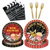 96 Pcs Movie Night Birthday Party Plates Napkins Forks Supplies Paper Tableware Set Disposable Table Movie Night Theme Snack Decoration for 24 Guests