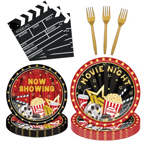 96 Pcs Movie Night Birthday Party Plates Napkins Forks Supplies Paper Tableware Set Disposable Table Movie Night Theme Snack Decoration for 24 Guests