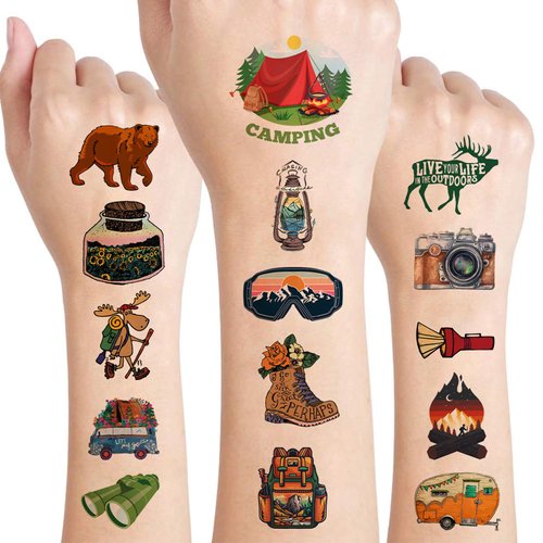 240Pcs Camping Tattoo Stickers, Camping Themed Birthday Party Decorations, Camping Party Decorations Favors for Kids, Boys, Girls, Men, Women(20 Sheets)