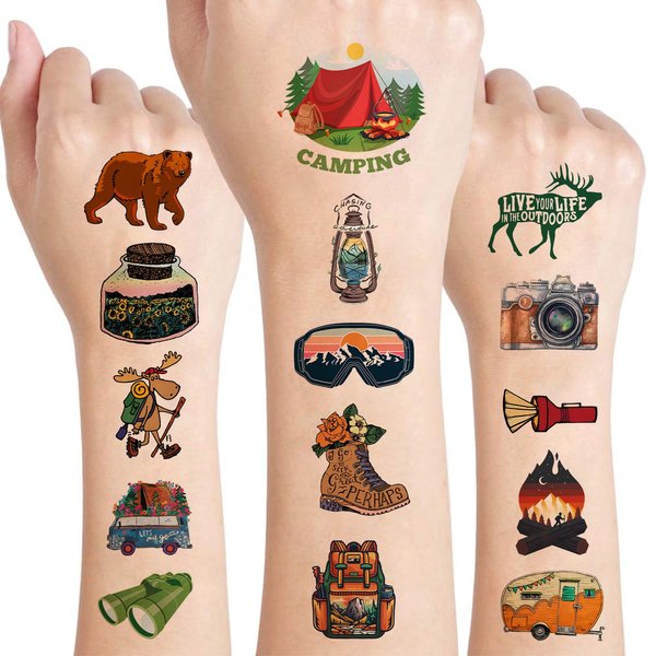 240Pcs Camping Tattoo Stickers, Camping Themed Birthday Party Decorations, Camping Party Decorations Favors for Kids, Boys, Girls, Men, Women(20 Sheets)