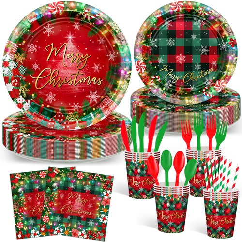 Avezano 192 Pcs Christmas Paper Plates and Napkins Merry Chirstmas Party Tableware Decorations Plaid Christmas Tree Disposable Dinnerware Set Serve 24 (Red)