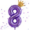 40 Inch Purple Number 8 & Mini Crown Balloon for Birthday Party Decorations, 8th Birthday Party Decorations Purple Theme Party Balloons Decorations Supplies