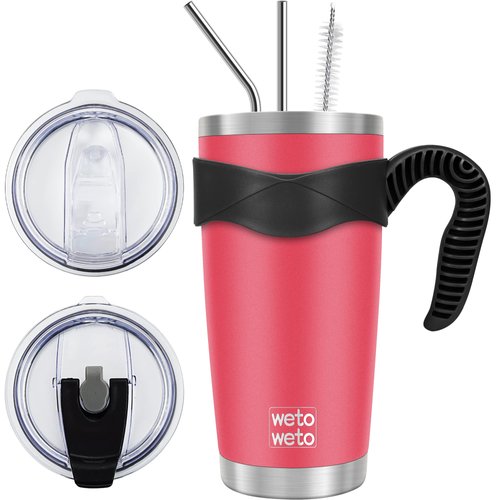 WETOWETO 20oz Tumbler with 2 lids and 2 straws, Stainless Steel Vacuum Insulated Water Coffee Tumbler Cup with Handle, Double Wall Powder Coated Travel Mug Thermal Cup (Watermelon Red, 1 Pack)