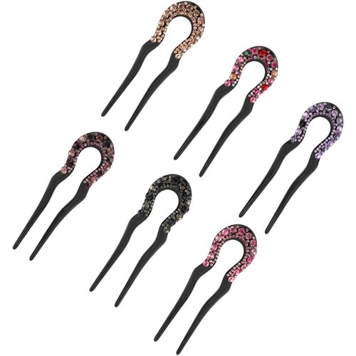 6 Pack Black Sparkly Bling Jeweled Rhinestone Plastic U Shape Hair Fork Pins Chopsticks Hairpins Picks Carved Hollow Long Hair Sticks Hairclips Hair Bun Chignon Braids Spiral Twist Maker Accessories